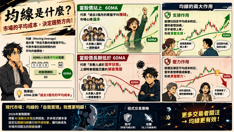 一、均線是什麼？為什麼有效？

均線（Moving Average）的核心邏輯在於「群體心理成本」的具體化，透過計算特定天數的收盤價總和再除以天數，得出市場在該段時間內的平均共識價格，當現價高於均線時，代表多數投資人處於獲利狀態，趨勢自然偏多。