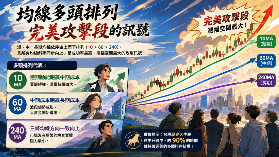 三、均線多頭排列：完美攻擊段的訊號

所謂「多頭排列」，是指短、中、長期均線依序由上而下排列（10 > 60 > 240），且所有均線斜率均呈現同步向上攀升，這象徵市場短中長期的共識極度一致，是技術面上成功率最高、漲幅空間最大的「完美攻擊段」特徵。