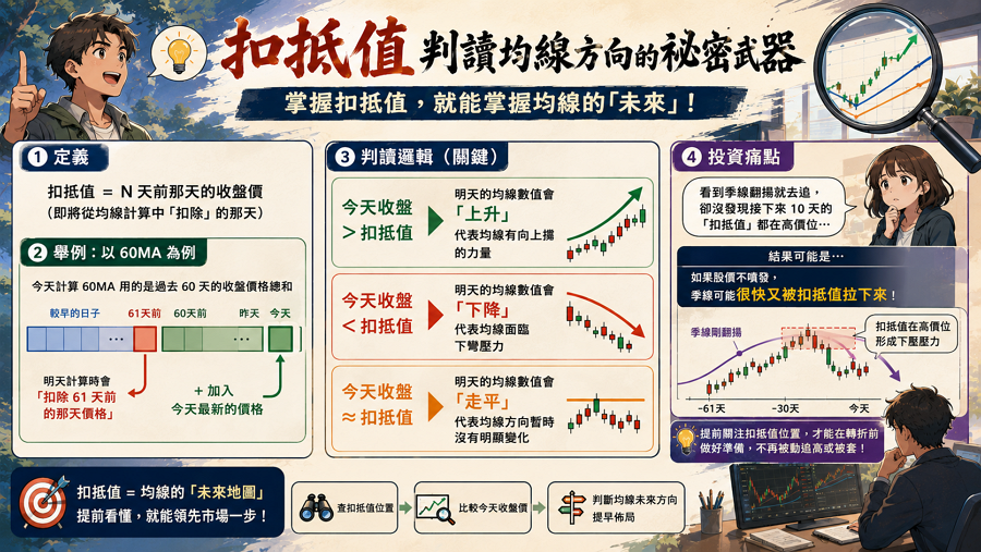四、扣抵值：判讀均線方向的祕密武器

扣抵值是計算移動平均線時，即將被移除的最早一筆數據，其核心功能在於「預測」均線未來的走向；只要當前價格高於扣抵值，均線就會持續上揚，反之則會走平或下彎，這是投資大師提前佈局「轉折點」的關鍵密技。