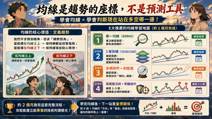 結論：均線是趨勢的座標、不是預測工具

均線最大的價值不是「預測未來」、是「定義趨勢」。學會均線 = 學會「判斷現在站在多空哪一邊」。在投資市場中，我們不求預測精準，但求「順勢而為」。當股價在均線之上，我們保持樂觀並控管風險；當股價在均線之下，我們保持謹慎並耐心等待。