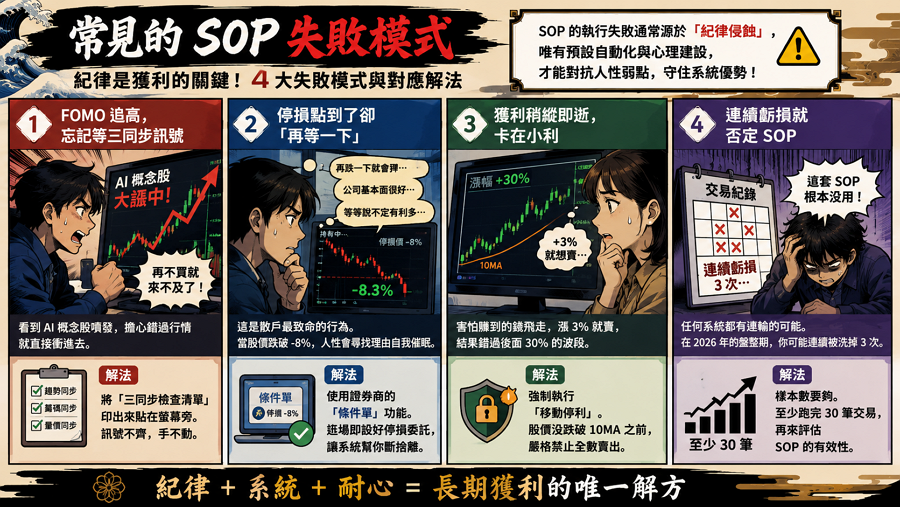 四、常見的 SOP 失敗模式

SOP 的執行失敗通常源於「紀律侵蝕」，即投資者在面對市場波動時，因 FOMO 或認損偏誤而導致執行力脫鉤，唯有透過預設自動化指令與心理建設，方能對抗人性弱點對系統的破壞。