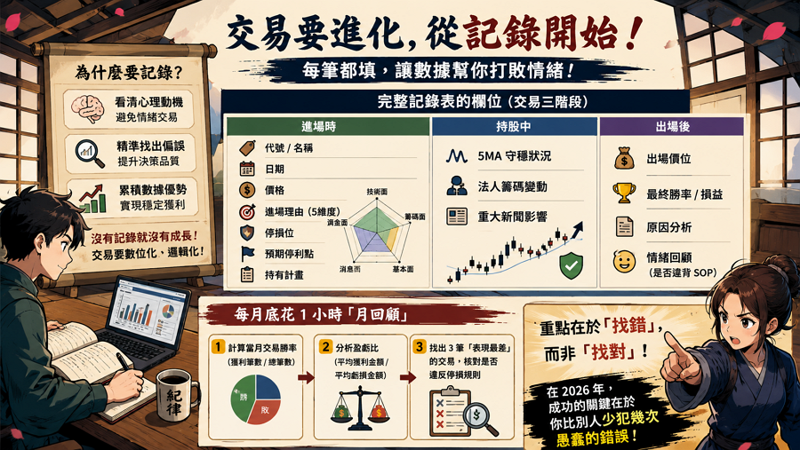 三、SOP 進場記錄表（每筆都填）

交易記錄表是投資者進化的「DNA 樣本」，透過結構化的欄位記載每一筆交易的心理動機與客觀條件，能協助投資者在數據回顧中精確鎖定「決策偏誤」，實現從經驗累積到獲利能力的質變。