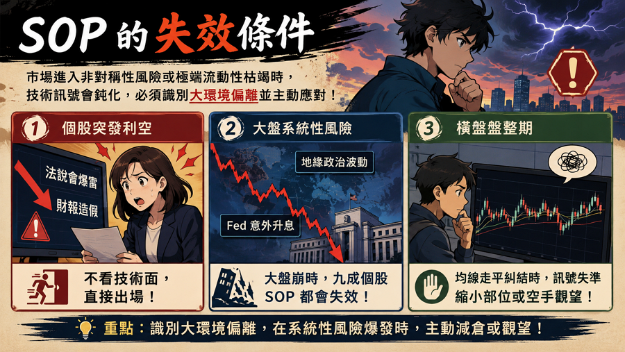 六、SOP 的失效條件
投資 SOP 並非萬能丹，當市場進入「非對稱性風險」或「極端流動性枯竭」狀態時，技術訊號將發生鈍化。投資者必須具備識別「大環境偏離」的能力，在系統性風險爆發時主動採取減倉或觀望策略。