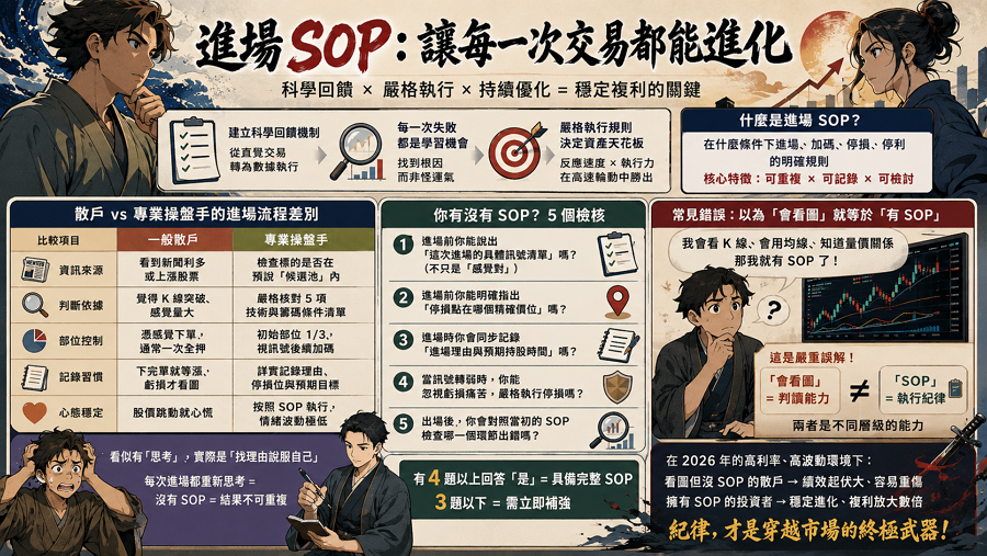 一、為什麼進場 SOP 比學更多技術面重要？

進場 SOP 的核心價值在於建立一套「科學回饋機制」，它將投資行為從模糊的直覺轉向精確的數據執行，讓投資者能針對每一筆虧損進行「根因分析」，而非將結果歸咎於市場運氣。