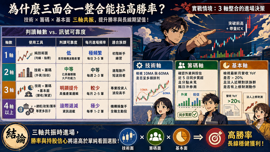 三、為什麼三面合一整合能拉高勝率？

三軸整合透過「數據共振」原理，將技術面的訊號、籌碼面的動能與基本面的底蘊相互疊加，從而排除低勝率的隨機波動，提升長線期望值。