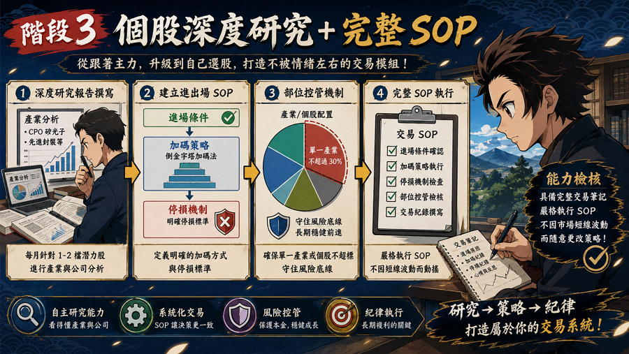 階段 3（7-12 個月）：個股深度研究 + 完整 SOP