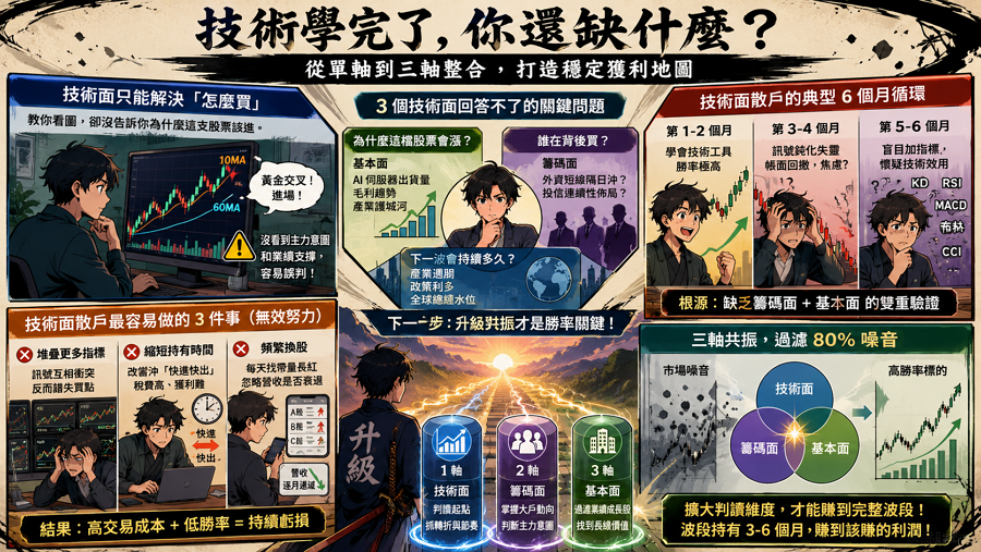 一、技術面學完了，但你還缺什麼？

技術面僅能解決「How to buy」的技術問題，卻無法處理「What to buy」的本質選擇，導致散戶在多頭末端頻繁誤入虛假突破的陷阱。