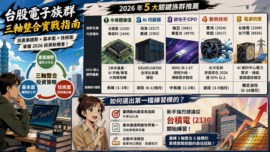 四、台股電子族群實戰範例

台股電子族群具備全球領先的供應鏈地位與高度透明的營收數據，是練習三軸整合投資策略的最佳實戰基地， E大始終建議新手專注於電子族群，避開資訊不透明、且容易受政策干擾的族群。