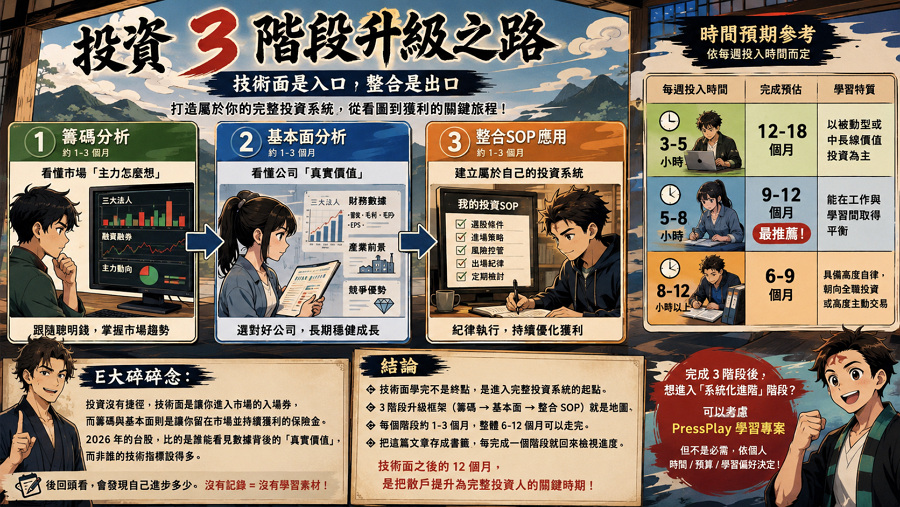 技術面學完不是終點、是進入完整投資系統的起點，多數散戶卡在「只會看圖」階段、原因是沒有清晰的下一站路徑，本文的 3 階段升級框架（籌碼 → 基本面 → 整合 SOP）就是這條路徑的地圖。