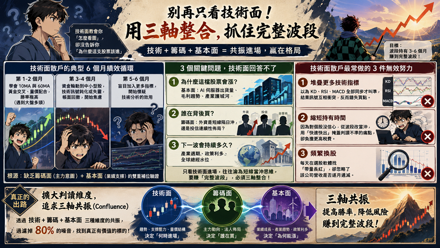 下一步：升級到 3 面整合

技術面是判讀的起點（1 軸），加入籌碼面掌握大戶動向（2 軸），再納入基本面過濾業績成長股（3 軸），才能構成穩定的獲利地圖。