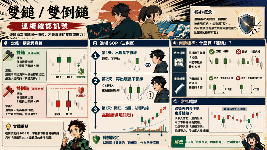 五、雙鎚 / 雙倒鎚 — 連續確認訊號

雙鎚與雙倒鎚是指在相近的價格區間內連續出現兩根長下影線（或長上影線）的組合，這種「連續兩次測試」的行為，代表該價格點位存在極其堅固的支撐或沉重的壓力。在 2026 年高波動的市場環境下，雙鎚組合能有效過濾掉單次的誘多或誘空陷阱，提供更穩健的進場立足點。