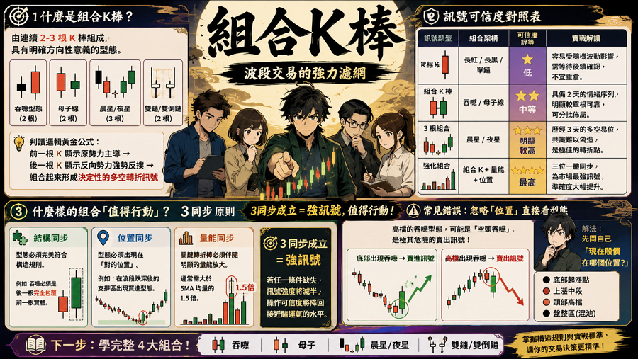 一、為什麼組合 K 棒比單根可靠？

組合 K 棒是指由連續 2 至 3 根 K 棒所構成的特定排列型態，其核心價值在於透過時間序列排除單日市場雜訊。相較於單根 K 棒，組合型態能展現更完整的多空攻防共識，為投資者提供更具可信度的趨勢轉折或持續訊號，是波段交易中不可或缺的實戰濾網。
