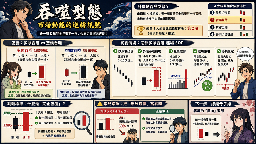 二、吞噬型態（Engulfing）— 最強反轉訊號

吞噬型態是由一根小實體 K 棒與一根完全包覆前者實體的大 K 棒組成，象徵市場動能的瞬間逆轉。多頭吞噬出現在底部預示強勁反彈，空頭吞噬出現在高位則警示趨勢到頭。其判讀關鍵在於後者實體必須「完全蓋過」前者，代表原趨勢方的力量已被徹底擊潰。

在經典 4 大組合中，吞噬型態的訊號強度排名第二（僅次於 3 根 K 棒的晨星 / 夜星），是波段操作者最愛的獵金訊號。