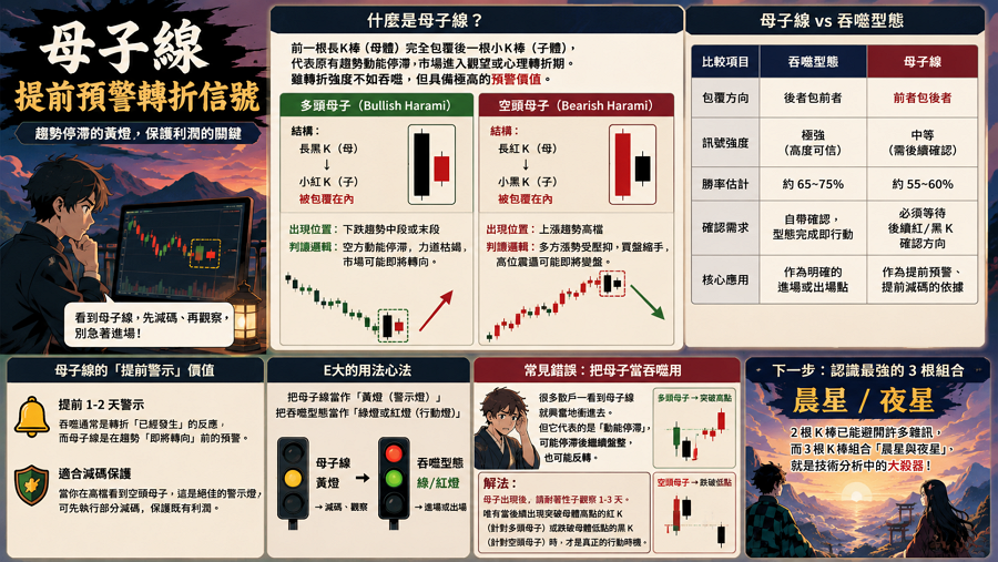 三、母子線（Inside Bar / Harami）— 動能停滯訊號

母子線 = 前一根 K 較大、後一根 K 較小且被「包覆」 = 動能停滯、可能轉折。母子線比吞噬訊號弱、但母子線是指前一根長 K 棒（母體）完全包覆後一根小 K 棒（子體）的型態，反映原有的強勁趨勢動能出現停滯或觀望。雖然其轉折強度略遜於吞噬型態，但具備極高的「預警價值」。當母子線出現，通常暗示市場進入縮量整理或心理轉折期，是交易者執行減碼或空頭避險的重要訊號。