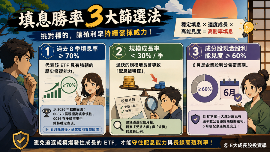 四、填息勝率 3 大篩選法

高勝率填息的 ETF 必須具備穩定的歷史填息率（≥70%）、適度的規模成長與高透明度的成分股現金股利能見度， 避免追逐因規模爆發性增長而稀釋配息能力的標的，是存股族維持長線高殖利率的關鍵保護傘。