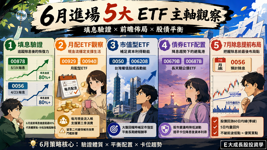 三、6 月進場 5 大 ETF 主軸觀察

6 月 ETF 進場的核心在於「填息驗證」與「前瞻佈局」，透過追蹤 00878、0056 的填息缺口，能有效判別目前市場的多空慣性。 同時，債券 ETF 在 2026 年降息預期下的避險功能，也是資產配置中不可忽視的一環。