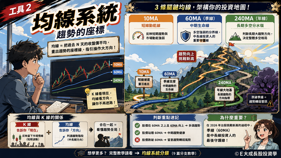 工具 2：均線系統（趨勢的座標）

均線（Moving Average）是透過平均收盤價平滑價格波動的座標系統，主要用於定義股價的「生命線」與「長期多空分水嶺」，指引整體操作的大方向。