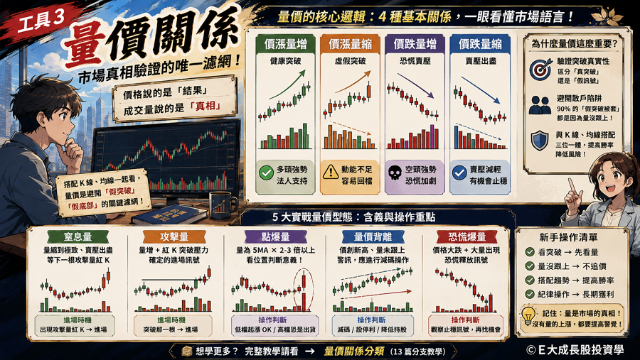 工具 3：量價關係（市場真相驗證）

量價關係是驗證價格突破真實性的唯一濾網，透過成交量的大小來確認股價上漲是具備法人支持的「真突破」，還是散戶追價的「虛假訊號」。