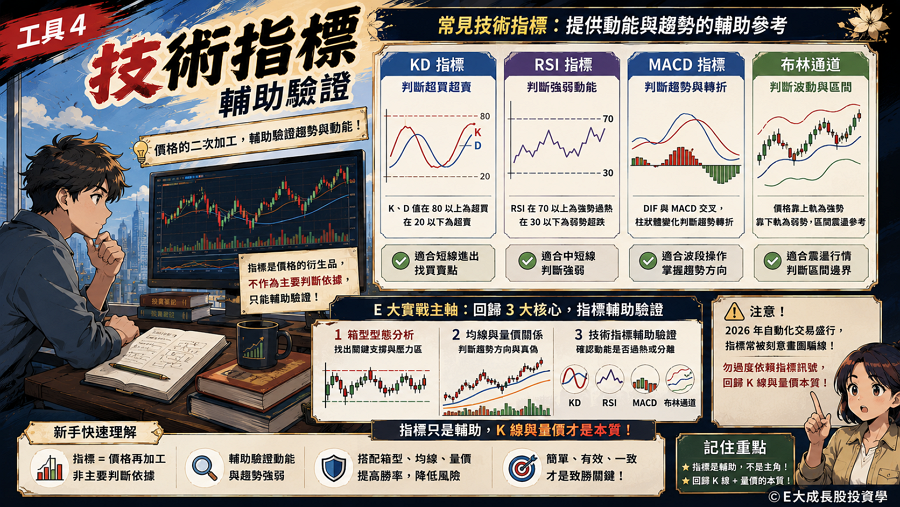 工具 4：技術指標（輔助驗證）

技術指標是將價格與量能進行二次數學加工後的衍生工具，如 KD、RSI、MACD，主要功能在於提供動能過熱或底部分離的「輔助驗證」參考。