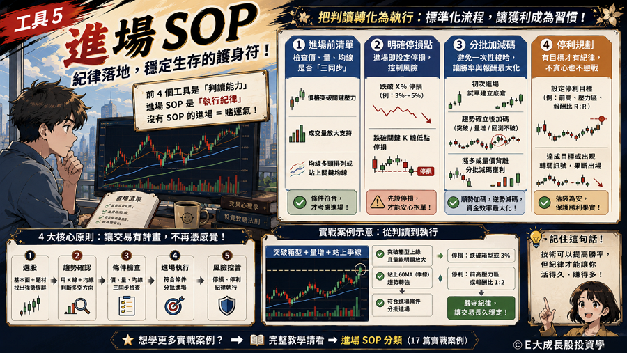 工具 5：進場 SOP（紀律落地）

進場 SOP 是將技術判讀轉化為標準化作業的最後步驟，包含確定的買點條件、停損比例與停利規劃，是確保在 2026 年劇烈行情下能穩定生存的護身符。