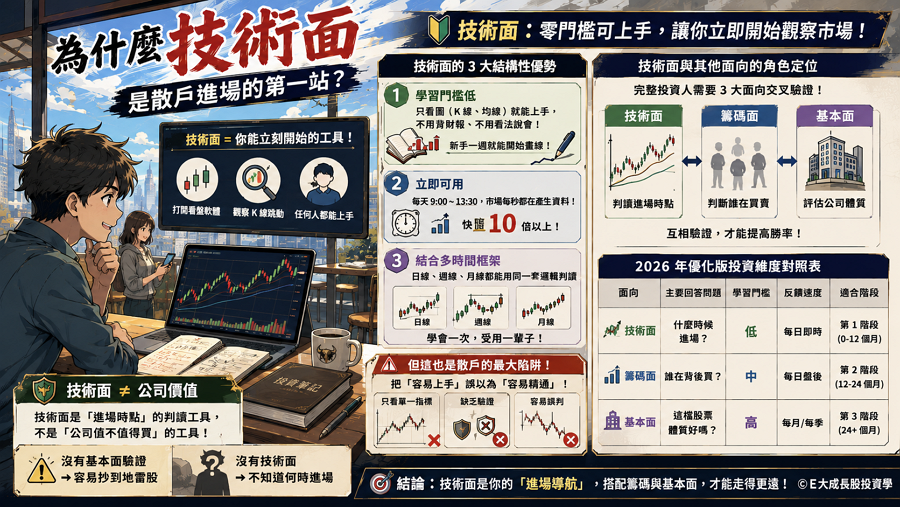 一、為什麼技術面是散戶進場的第一站？

技術面是 5 大投資面向（技術／基本／籌碼／總經／消息）中、唯一不需要任何前置知識就能直接上手的工具。打開看盤軟體、看著 K 線跳動，每一個散戶都能立刻開始觀察。這個「零門檻」的特性，讓技術面成為散戶進場的第一站。