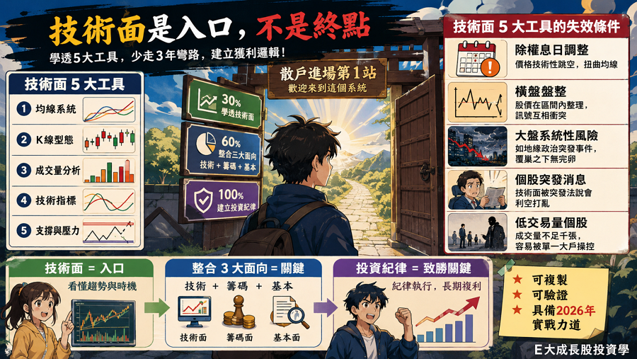 結論：技術面是入口，不是終點

技術面是進入台股市場的敲門磚，學透 5 大工具能讓你在投資路上少走 3 年彎路，並建立起一套可複製、可驗證、且具備 2026 年實戰力道的獲利邏輯。