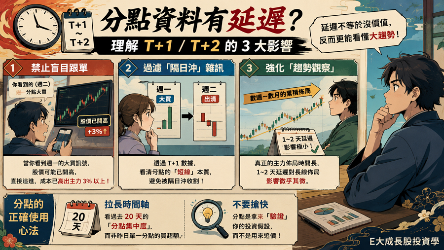 五、分點資料的時間延遲：T+1 / T+2 公開的 3 個影響
