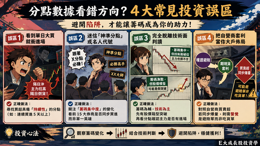 六、散戶看分點最常踩的 4 個誤區

若不具備正確的判讀邏輯，分點數據極易演變為投資陷阱；投資者應避免落入「單日買超即主力」、「神準分點必勝論」以及「脫離技術面孤立看籌碼」等常見實戰錯誤。