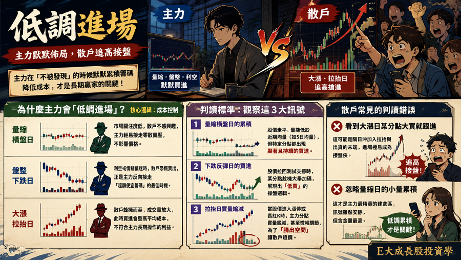 四、特徵 3：低調進場 — 主力不在拉抬日大買