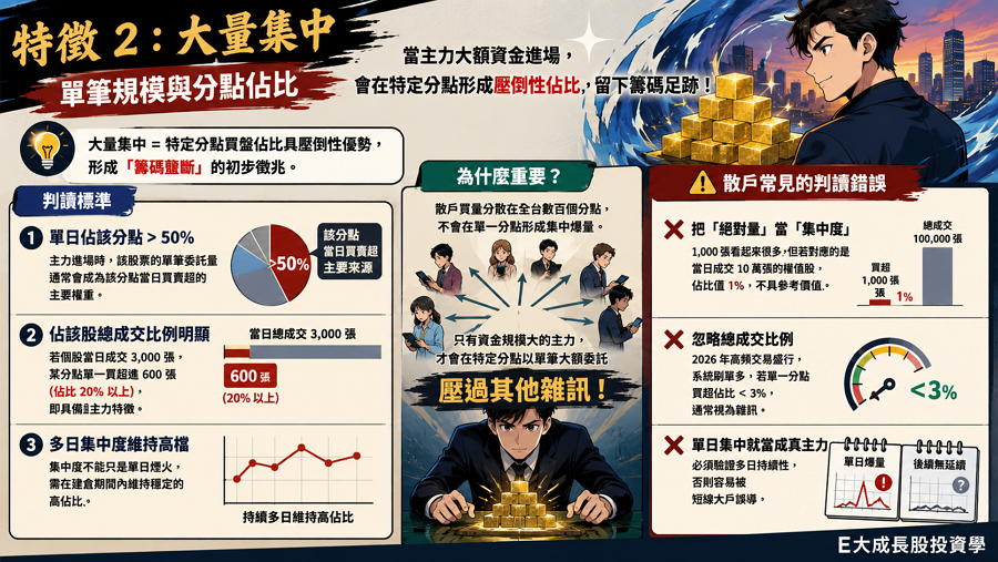 三、特徵 2：大量集中 — 單筆規模與分點佔比