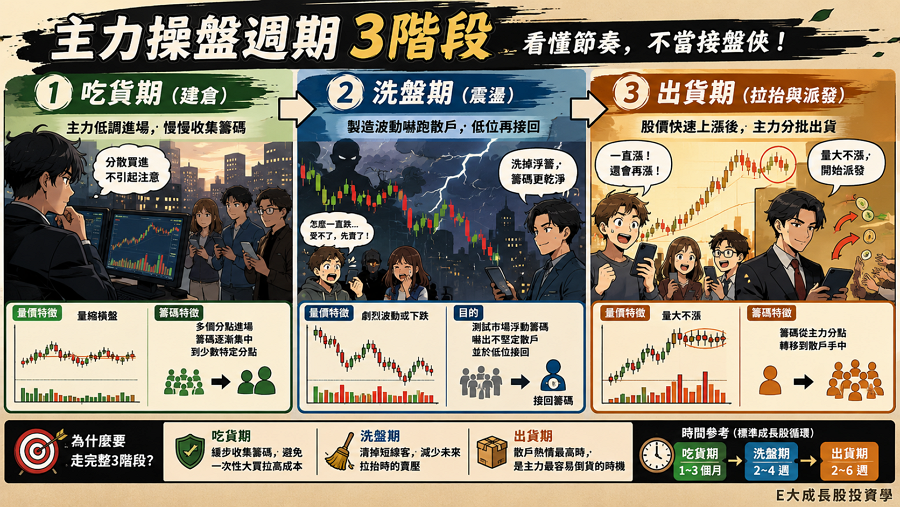 一、主力 3 階段操盤週期：從吃貨到出貨的完整循環