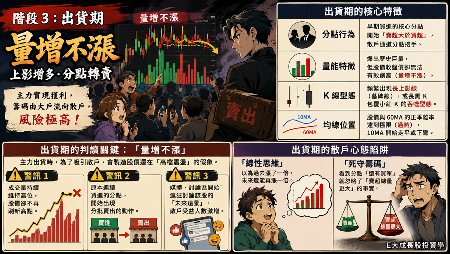 四、階段 3：出貨期 — 量增不漲、上影增多、分點轉賣
