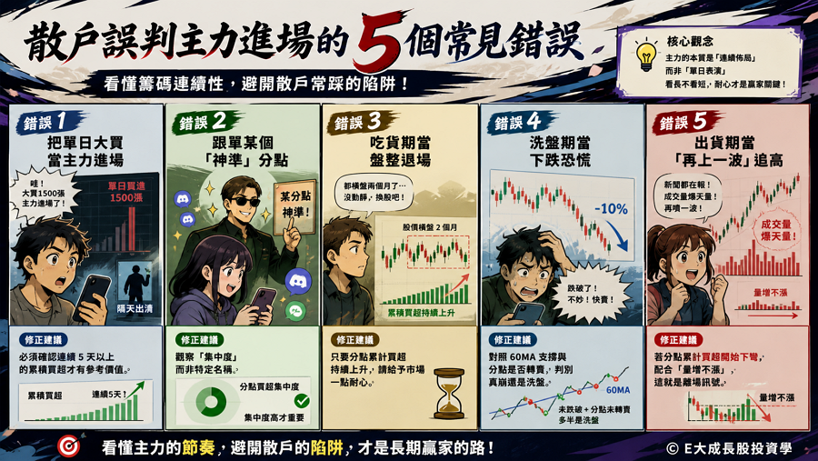 四、散戶誤判主力進場的 5 個常見錯誤

散戶誤判主力的根源在於「資訊滯後」與「心理偏誤」，常將短期的價格波動視為主力訊號，卻忽略了籌碼背後的連續性與時間價值。