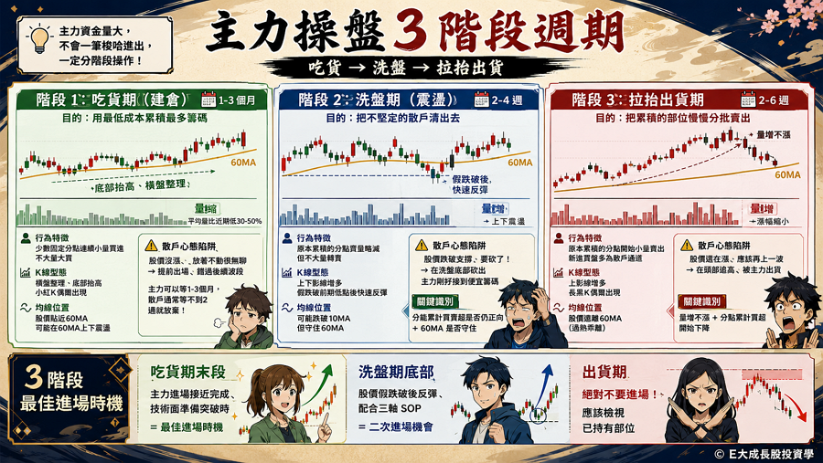 一、主力為什麼要分階段操作？3 階段操盤週期完整拆解

主力資金量大、不是散戶能用「一筆梭哈」的方式進出。3 階段是大資金操盤的必然結構：吃貨 → 洗盤 → 拉抬出貨。每個階段都有結構性的時間需求與行為特徵。
