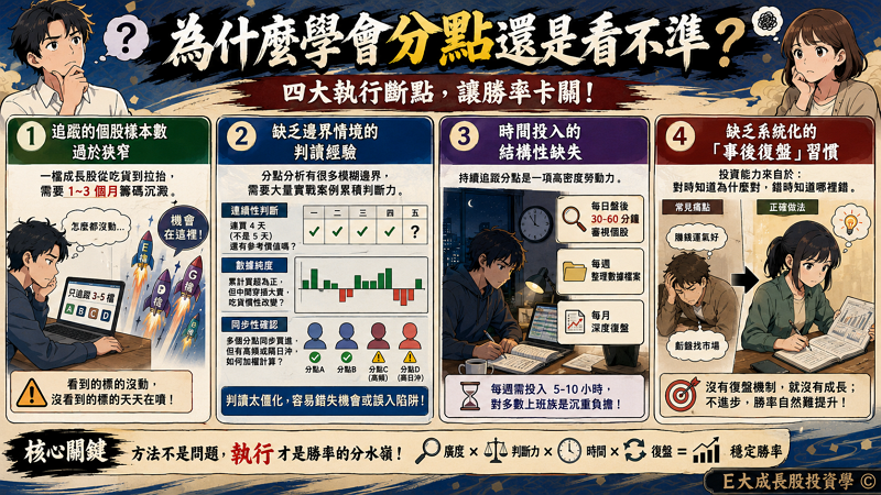 一、學會分點還是會看不準的常見原因

分點實戰勝率的關鍵，不在於掌握了多少「不為人知」的秘密，而是在於是否具備「長期且穩定的執行條件」。