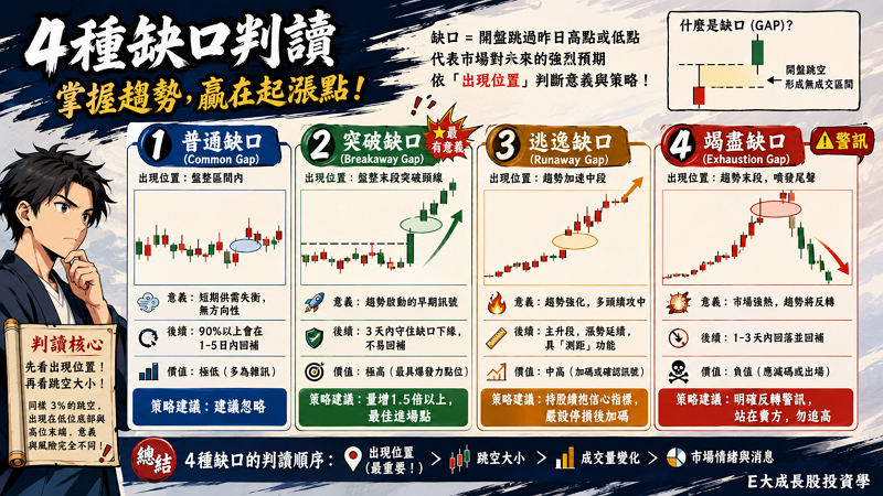 一、4 種缺口類型完整對照：每種怎麼判讀？

缺口（Gap）的標準定義是股價開盤時跳過昨日 K 棒的高點或低點，形成的價格區間空白，這意味著在該價位區間內沒有發生任何成交，反映出市場對某種預期（利多或利空）的集體共識爆發。