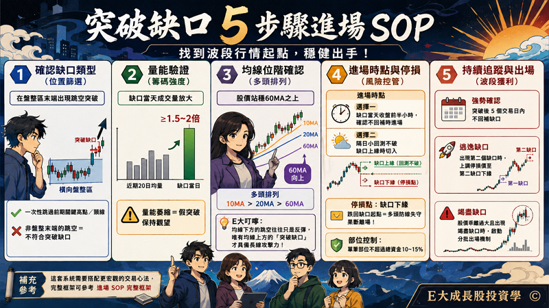 三、缺口 + 量價配合的進場 SOP

進場最有價值的缺口無疑是「突破缺口」，它是波段行情的起點。E大 根據多年實戰觀察，整理出這套標準化的 5 步驟進場 SOP，幫助你在 2026 年混亂的市場中找到明確的出手點。