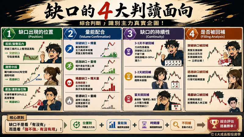 二、缺口的 4 大判讀面向

判讀缺口不能單看價格跳動，必須結合量價結構與時間長度進行 4 大面向的綜合評估，才能準確識別主力的真實企圖。