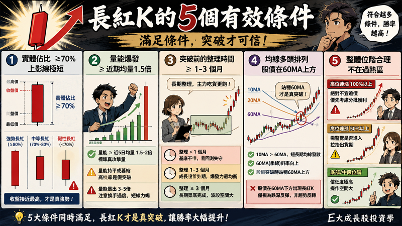 二、長紅 K 的 5 個有效條件：什麼樣的長紅 K 才能信？

不在實戰教學中，我常發現學員看到紅棒就想追。事實上，高品質的長紅 K 必須通過嚴謹的濾網。E大 整理出 5 個必要條件，若缺其一，該訊號的可信度便會大幅打折。