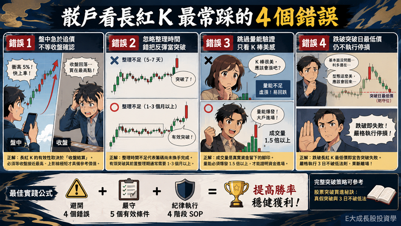 五、散戶看長紅 K 最常踩的 4 個錯誤

在實戰教學中，我發現散戶的虧損往往不是因為不懂型態，而是因為執行層面的誤區。