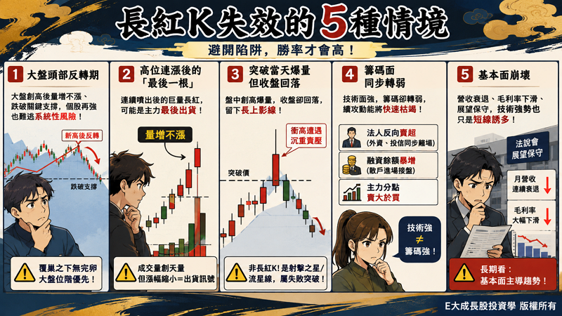 四、長紅 K 失效的 5 種情境

即使型態看起來完美，在某些特定的外部環境下，長紅 K 的勝率會大幅降低。E大 提醒你必須主動避開以下情境。