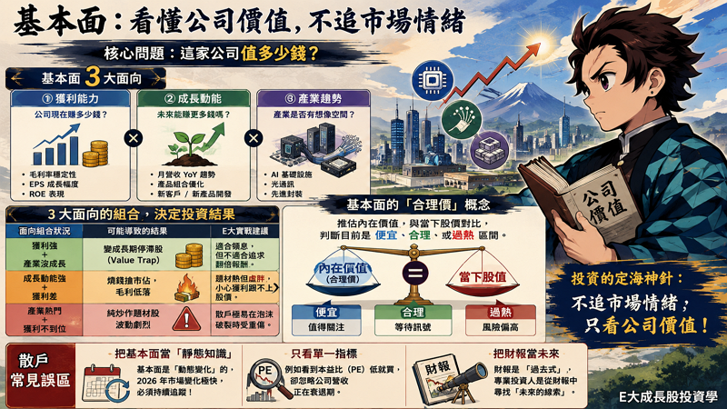 一、什麼是基本面？3 個面向拆給你看

基本面是指評估「公司本身價值」的所有資訊集合，其核心在於不盲從股價漲跌或市場情緒，僅專注於回答：這家公司值多少錢？
