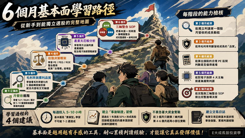 七、基本面學習路徑：6 個月完整地圖

把前面所有觀念整合、E大 規劃了一條 6 個月的完整學習路徑。建議按順序走、不要跳階段。