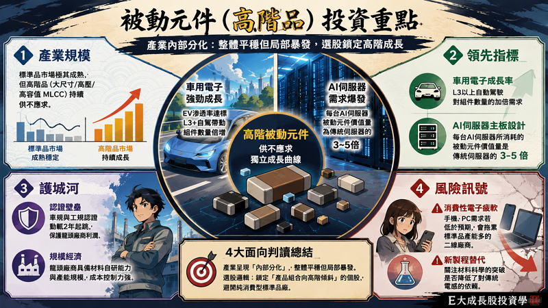 範例 4：被動元件（高階品）
被動元件產業已形成明顯的分層化，標準品景氣隨經濟波動，但「高階品」如車用、AI 伺服器專用 MLCC 則具備獨立的成長曲線。 投資人必須學會區分「產業成熟」與「應用擴張」的差異。