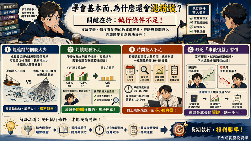 一、學會基本面之後、為什麼還會選錯股？

執行條件（Execution Conditions）是指投資人在具備理論知識後，能否擁有足夠的數據處理量、實戰經驗值與時間投入，以確保判讀結果具備統計上的獲利勝率。