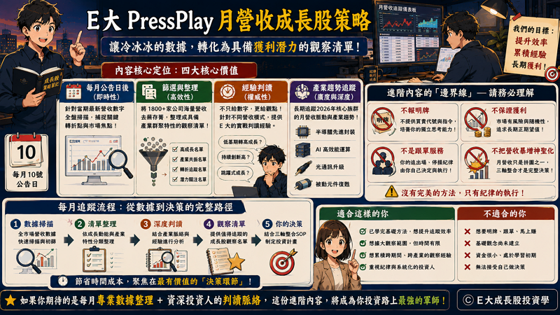 七、E大 PressPlay 月營收成長股策略

這是一個專為「想建立專業追蹤紀律」的投資人設計的進階空間，核心定位在於協助你將冷冰冰的數據，轉化為具備獲利潛力的觀察清單。