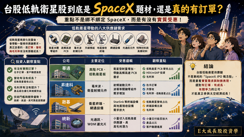 八. 🛰️台股低軌衛星股到底是 SpaceX 題材,還是真的有訂單?昇達科、統新、啟碁