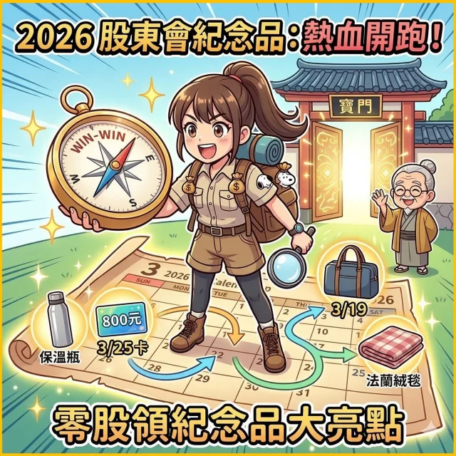 2026 股東會紀念品尋寶戰熱血開跑！
零股族站出來，1股也能領✨

快把這張清單存下來，守住你的最後買進日⏰

🌟E大認為必拿亮點（1 股通通有！）
🎁 台泥 (1101): 多功能環保旅行袋 
📅 3/19 最後買進
🎁 聯電 (2303): 史努比口袋保溫瓶 
📅 3/25 最後買進
🎁 台灣虎航 (6757): 800元回饋金 (eGift) 
📅 3/25 最後買進
🎁 中美晶 (5483): 法蘭絨毯 
📅 3/25 最後買進
🎁 大魯閣 (1432): 總價值逾 4,200 元 大禮包 
📅 3/25 最後買進

💡 行動指南：
1️⃣ 零股族記得在規定期限內完成 「電子投票」
 (集保 e 票通)，才能領取喔！
2️⃣ 3/25 截止日當天 13:00 前 完成下單最穩，
避免行情波動太領不到理想價格！

💬 你最想拿哪一個寶物？下方留言告訴我👇！